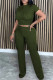 Army Green Casual Solid Color Pocket Patchwork O Neck Short Sleeve Two Pieces