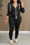 Black Casual Solid Color Patchwork Zipper Hooded Long Sleeve Two Pieces
