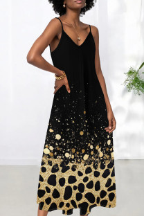 Black Gold Sexy Print Patchwork Backless Spaghetti Strap Sling Dresses