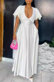 White Elegant Solid Color Pocket Patchwork Ruched Deep V Neck A Line Dresses
