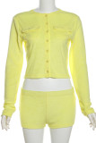 Yellow Casual Solid Color Pocket Buckle Patchwork Cardigan Collar Long Sleeve Two Pieces