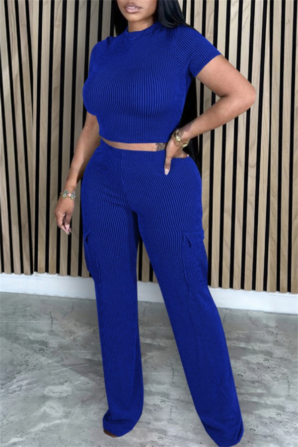 Royal Blue Casual Solid Color Pocket Patchwork O Neck Short Sleeve Two Pieces