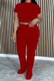 Red Casual Solid Color Pocket Patchwork O Neck Short Sleeve Two Pieces