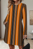 Yellow Casual Leopard Print Stripe Pocket Contrast O Neck Printed Dresses