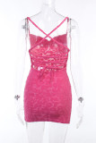 Rose Red Sexy Letters Patchwork Backless Strap Design Spaghetti Strap Sling Dresses