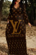 Brown Casual Letters Patchwork O Neck Long Dresses