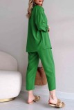 Black Casual Solid Color Buttons Turndown Collar Short Sleeve Two Pieces