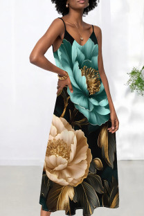 Cyan Sexy Print Patchwork Backless Spaghetti Strap Sling Dresses