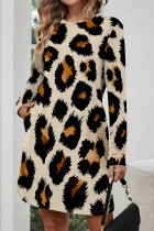 Beige Casual Leopard Print Stripe Pocket Contrast O Neck Printed Dresses