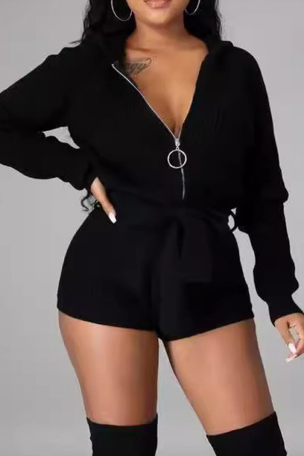 Black Sexy Solid Color Patchwork Strap Design Zipper Zipper Collar Regular Rompers
