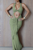 Green Sexy Solid Color Hollow Out Patchwork Ruched Deep V Neck Long Dresses