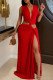 Red Sexy Solid Color Hollow Out Patchwork High Slit Deep V Neck Long Dresses