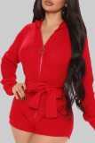 Red Sexy Solid Color Patchwork Strap Design Zipper Zipper Collar Regular Rompers