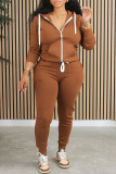 Pink Casual Solid Color Patchwork Zipper Hooded Long Sleeve Two Pieces