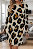 Yellow Casual Leopard Print Stripe Pocket Contrast O Neck Printed Dresses