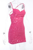 Rose Red Sexy Letters Patchwork Backless Strap Design Spaghetti Strap Sling Dresses