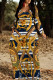 Golden Blue Elegant Floral Print Letters Pocket Contrast V Neck Printed Dresses