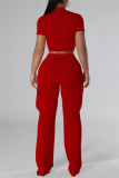Red Casual Solid Color Pocket Patchwork O Neck Short Sleeve Two Pieces
