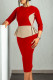 Red Elegant Patchwork Ruched Zipper Contrast O Neck Wrapped Skirt Dresses