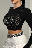 Black Sexy Patchwork Hot Drill O Neck Tops