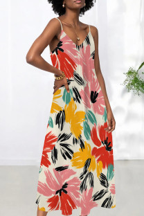 Pink Sexy Print Patchwork Backless Spaghetti Strap Sling Dresses
