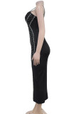 Black Sexy Patchwork Backless Hot Drill Zipper Asymmetrical Collar Wrapped Skirt Dresses
