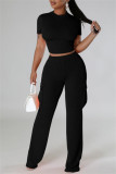 Red Casual Solid Color Pocket Patchwork O Neck Short Sleeve Two Pieces