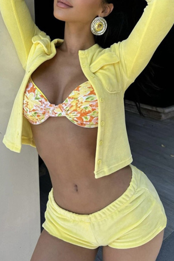 Yellow Casual Solid Color Pocket Buckle Patchwork Cardigan Collar Long Sleeve Two Pieces