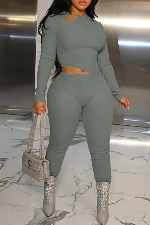 Grey Casual Solid Color Patchwork Asymmetrical Collar Skinny Jumpsuits