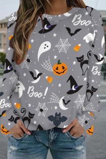 Grey Casual Street Graffiti Print Contrast O Neck Tops