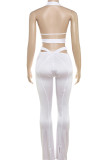 Green Sexy Solid Color Hollow Out Patchwork Backless Halter Sleeveless Two Pieces