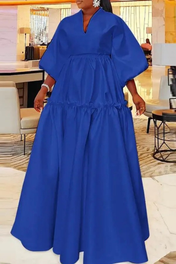 Blue Casual Solid Color V Neck Long Dresses