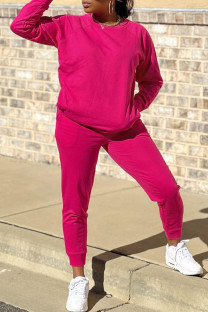 Rose Red Casual Solid Color Pocket Patchwork O Neck Long Sleeve Two Pieces