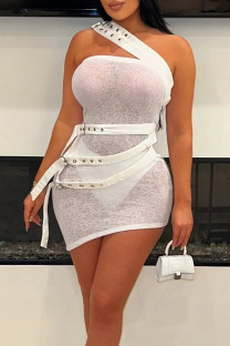 White Sexy Solid Color Patchwork Backless Asymmetrical Collar Irregular Dresses