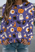 Purple Casual Street Graffiti Print Contrast O Neck Tops