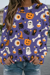 Purple Casual Street Graffiti Print Contrast O Neck Tops