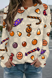 Apricot Casual Street Graffiti Print Contrast O Neck Tops