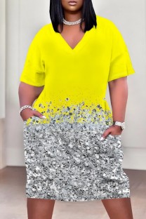 Yellow Casual Print Pocket V Neck Short Sleeve Plus Size Dresses