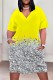 Yellow Casual Print Pocket V Neck Short Sleeve Plus Size Dresses