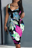 Blue Casual Floral Print Basic U Neck Vest Dresses
