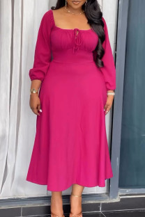 Fuchsia Casual Solid Color Hollow Out Patchwork Backless Strap Design Square Neck Long Dresses