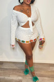 White Casual Hollow Out Patchwork Strap Design V Neck Long Sleeve Two Pieces
