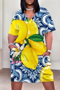 Blue Yellow Casual Print Pocket V Neck Short Sleeve Plus Size Dresses