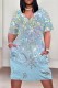 Baby Blue Casual Print Pocket V Neck Short Sleeve Plus Size Dresses