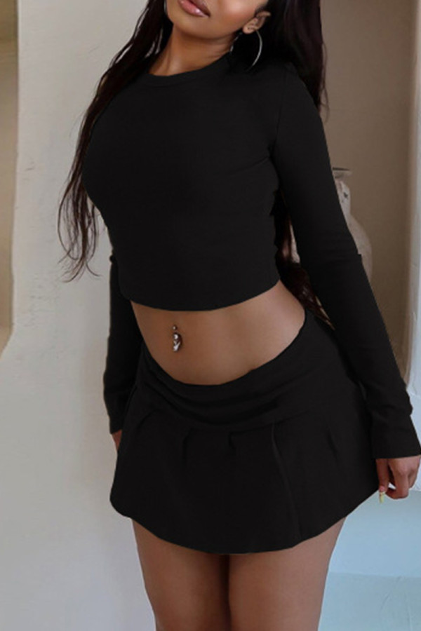 Black Casual Solid Color Basic O Neck Long Sleeve Two Pieces