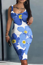 Blue Casual Floral Print Basic U Neck Vest Dresses