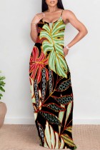 Black Green Casual Floral Print Backless Spaghetti Strap Long Dresses