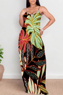 Black Green Casual Floral Print Backless Spaghetti Strap Long Dresses