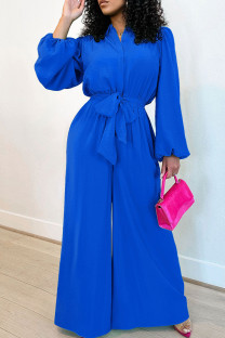 Blue Casual Solid Color Buckle Patchwork Strap Design Turndown Collar Loose Jumpsuits