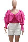 Green Street Solid Color Patchwork Ruched Strap Design V Neck Tops